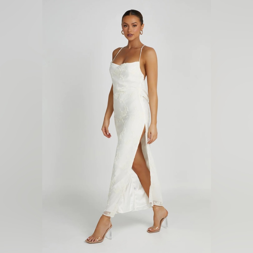 Meshki White/Ivory Velvet Lace Print Dress